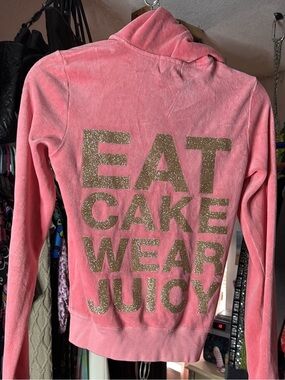 Juicy Couture Pink Velour  Hoodie with Gold Glitter Slogan